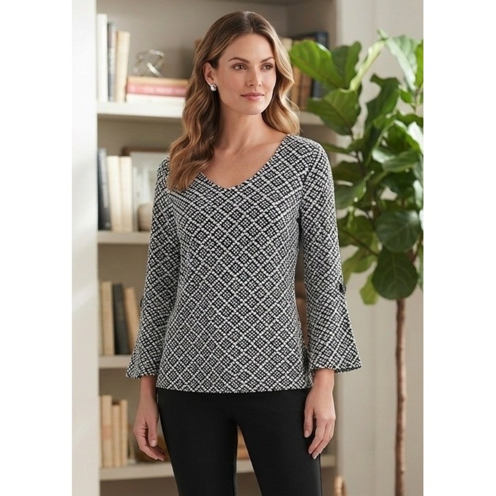 Habitat Geometric Diamond Textured V-Neck 3/4 Sleeve Top Size L Rayon Vacation